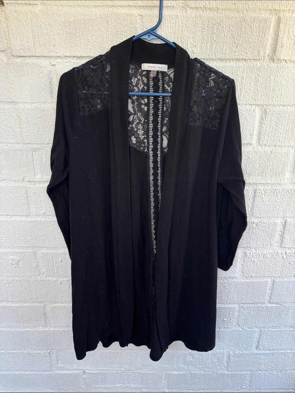 August Silk Lace Black Lace-Back Open Front Cardigan sz L